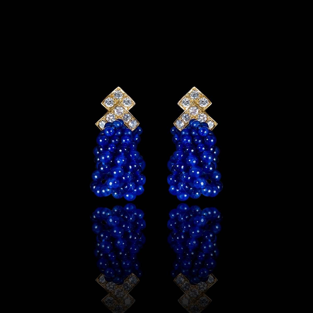 Van Cleef & Arpels earrings  in eighteen carats gold, diamonds and sodalites.
-DIAMONDS:8 brillants'cut diamonds
-SODALITES
-GOLD:18 carats gold
-SIGNED:V-C-A
-NUMBERED:B 3175
-EARPIERCE CLIP FITINGS
