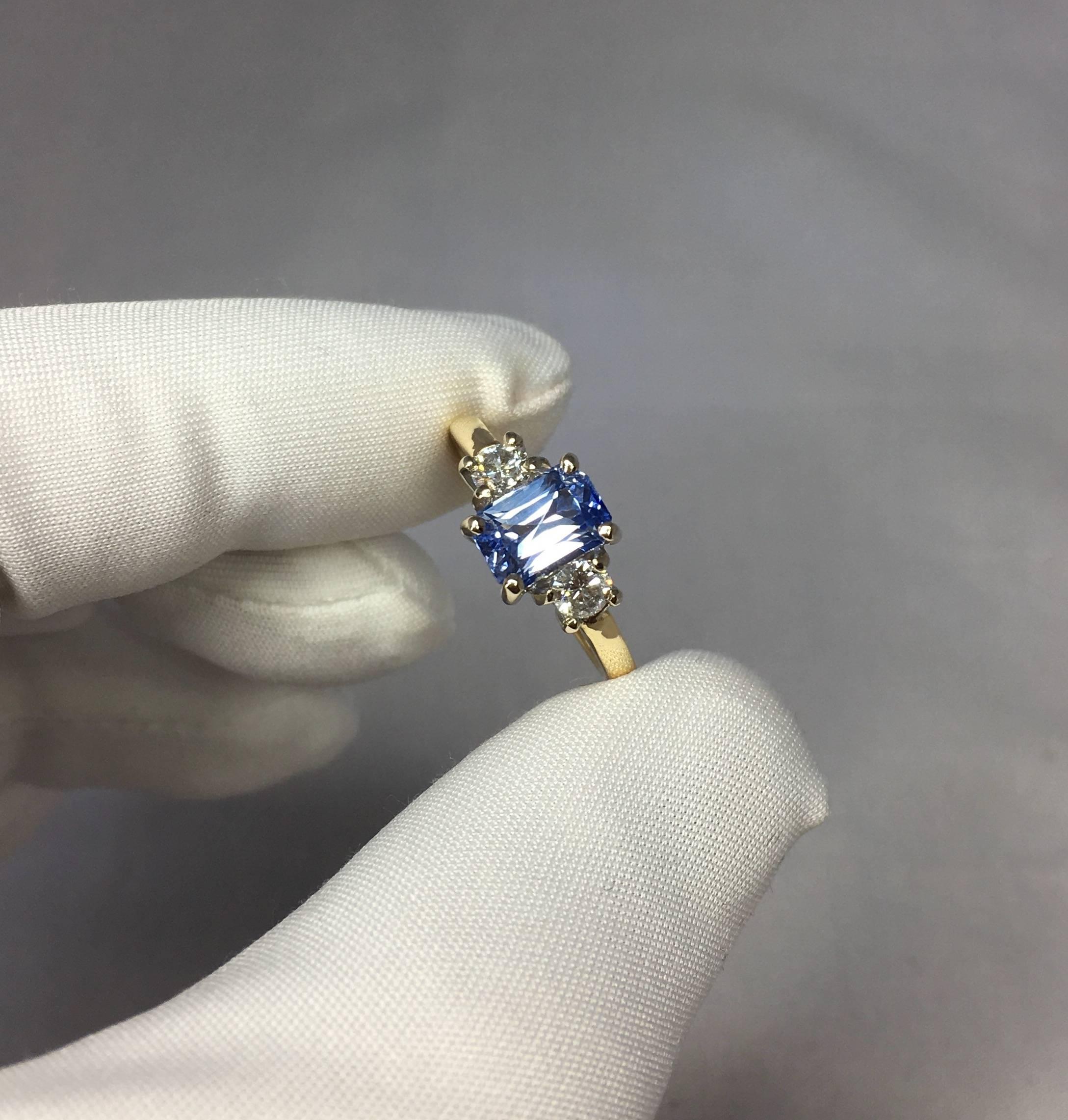 Stunning natural light blue Ceylon sapphire set in a fine 18k gold ring. 2 tone setting with white gold claws and a yellow gold band.

Good size 1.56 carat centre sapphire with a fine and very unique light blue colour and excellent clarity.