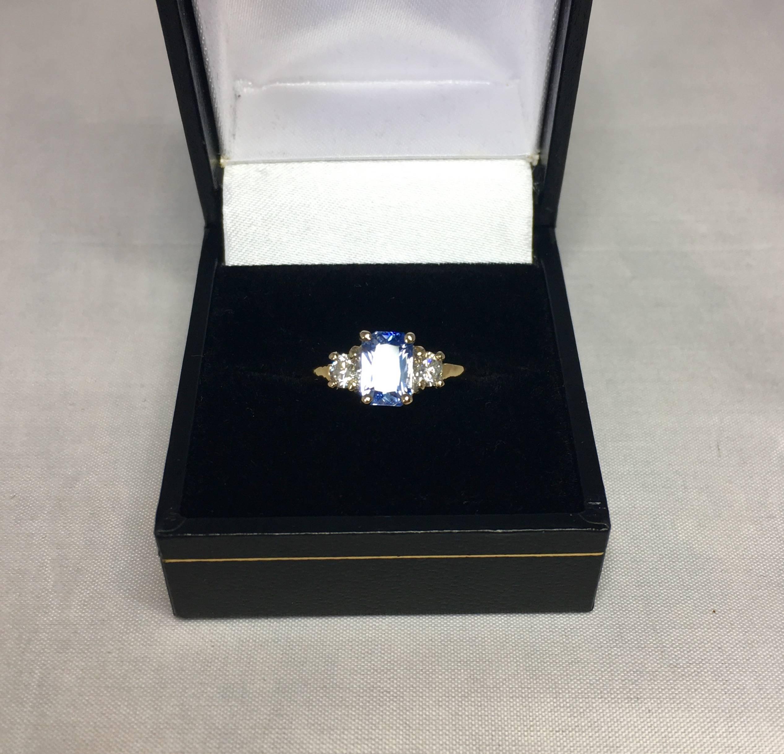 Ceylon 1.56ct Blue Sapphire Emerald Cut Diamond Three-Stone Ring 3