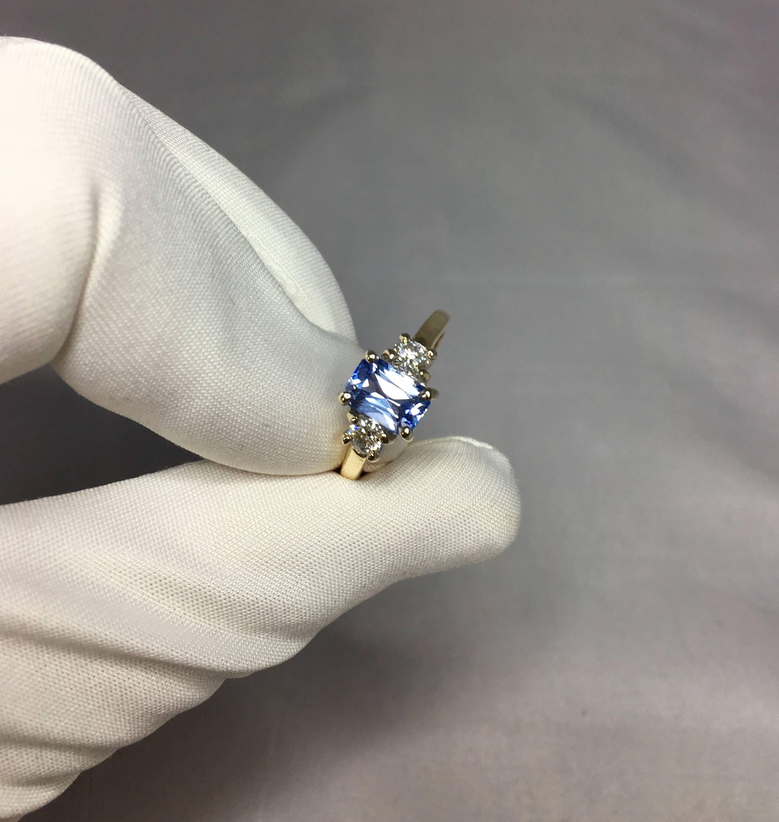 Women's Ceylon 1.56ct Blue Sapphire Emerald Cut Diamond Three-Stone Ring