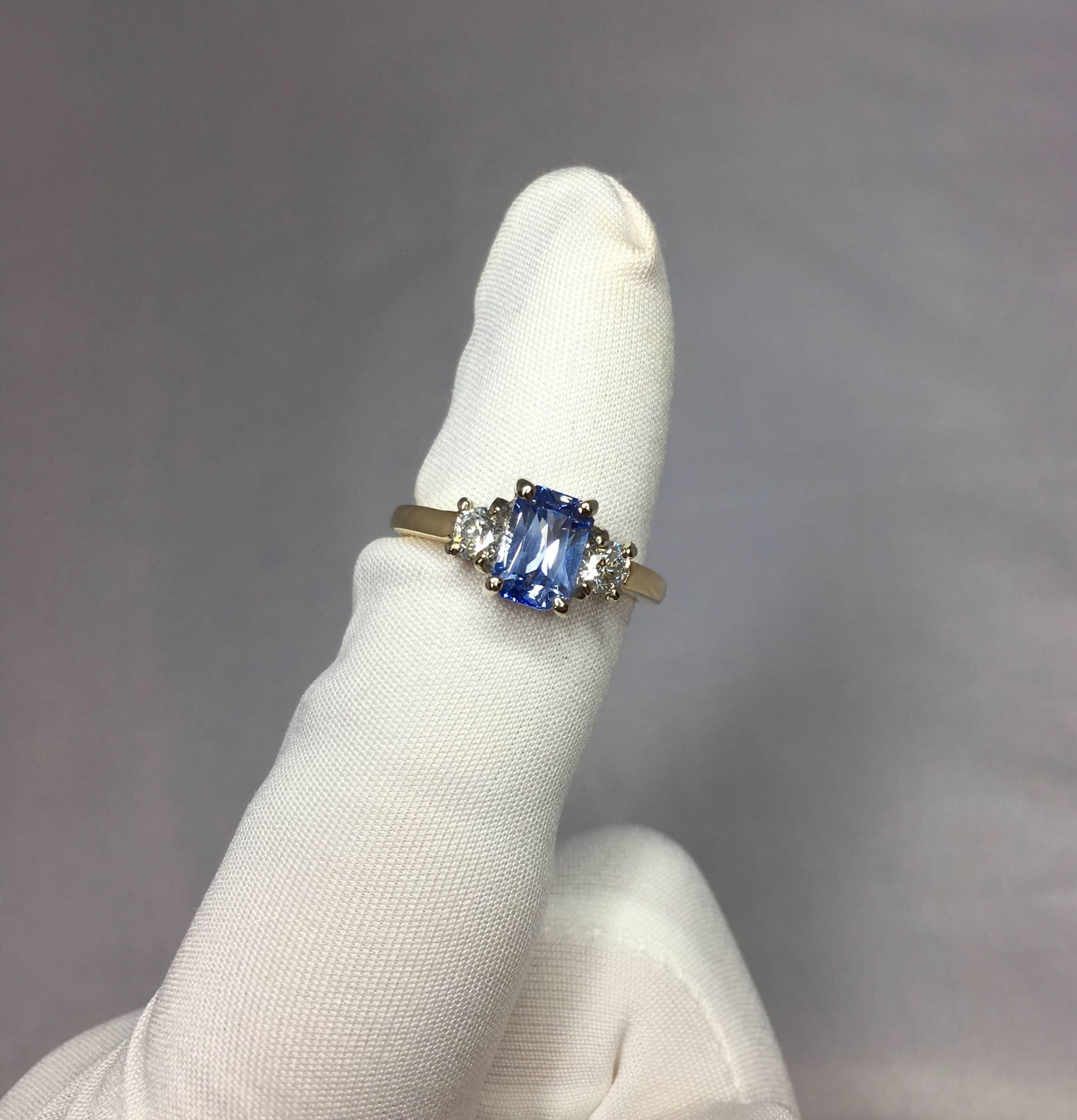 Ceylon 1.56ct Blue Sapphire Emerald Cut Diamond Three-Stone Ring 1
