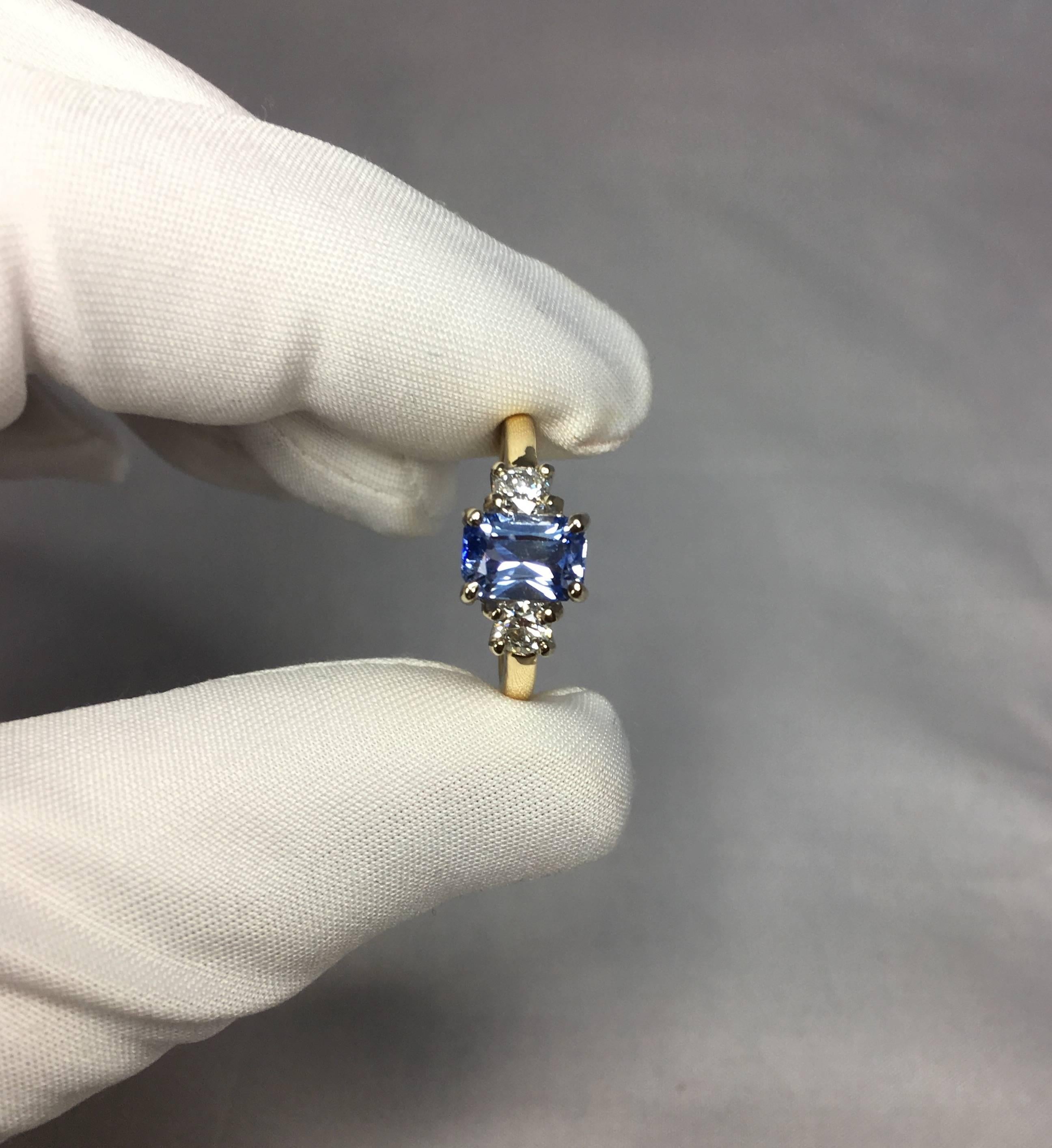 Ceylon 1.56ct Blue Sapphire Emerald Cut Diamond Three-Stone Ring 2