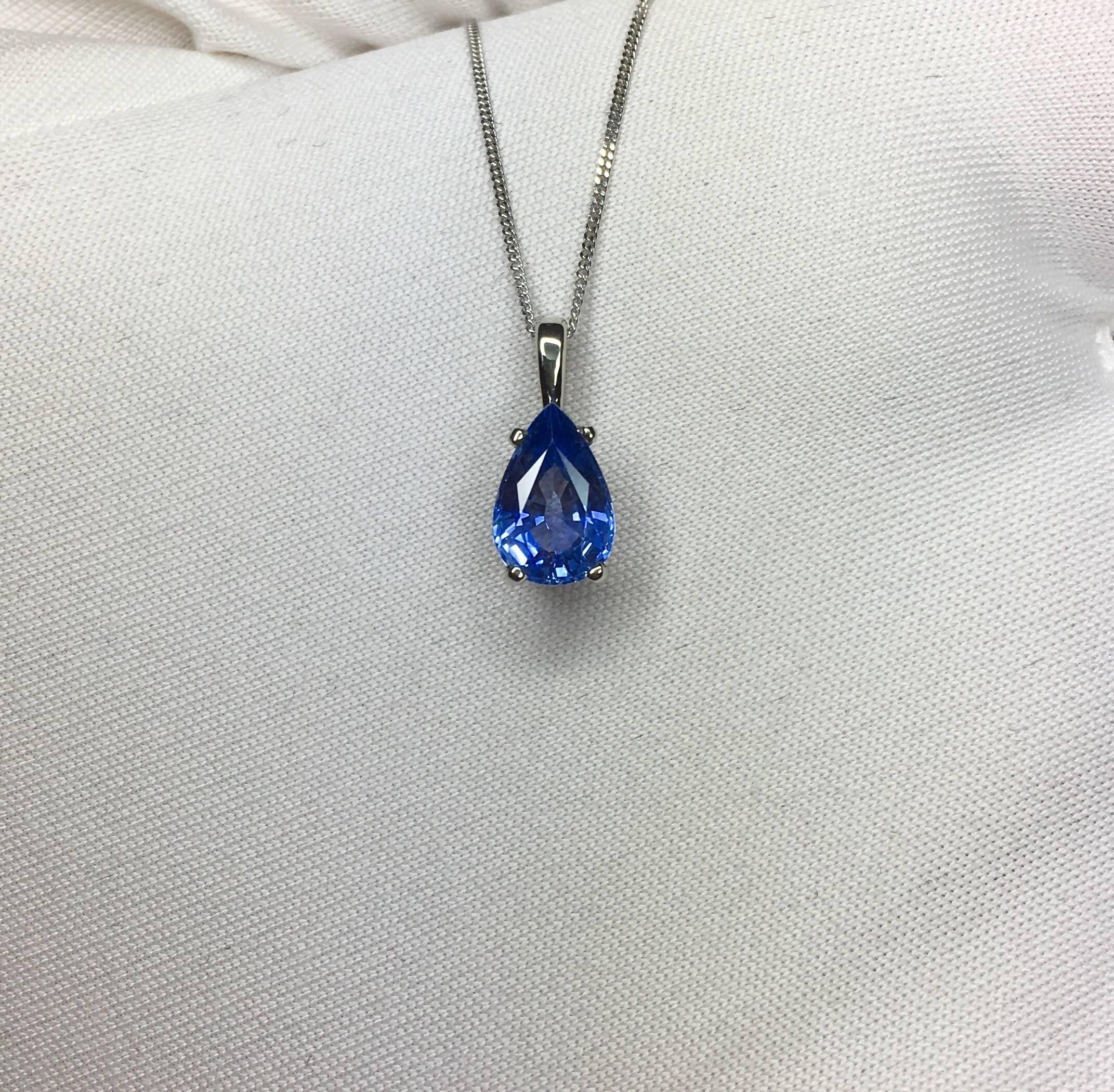 Women's or Men's Ceylon Blue Sapphire 1.34 Carat Pear/Teardrop Cut Solitaire White Gold Pendant