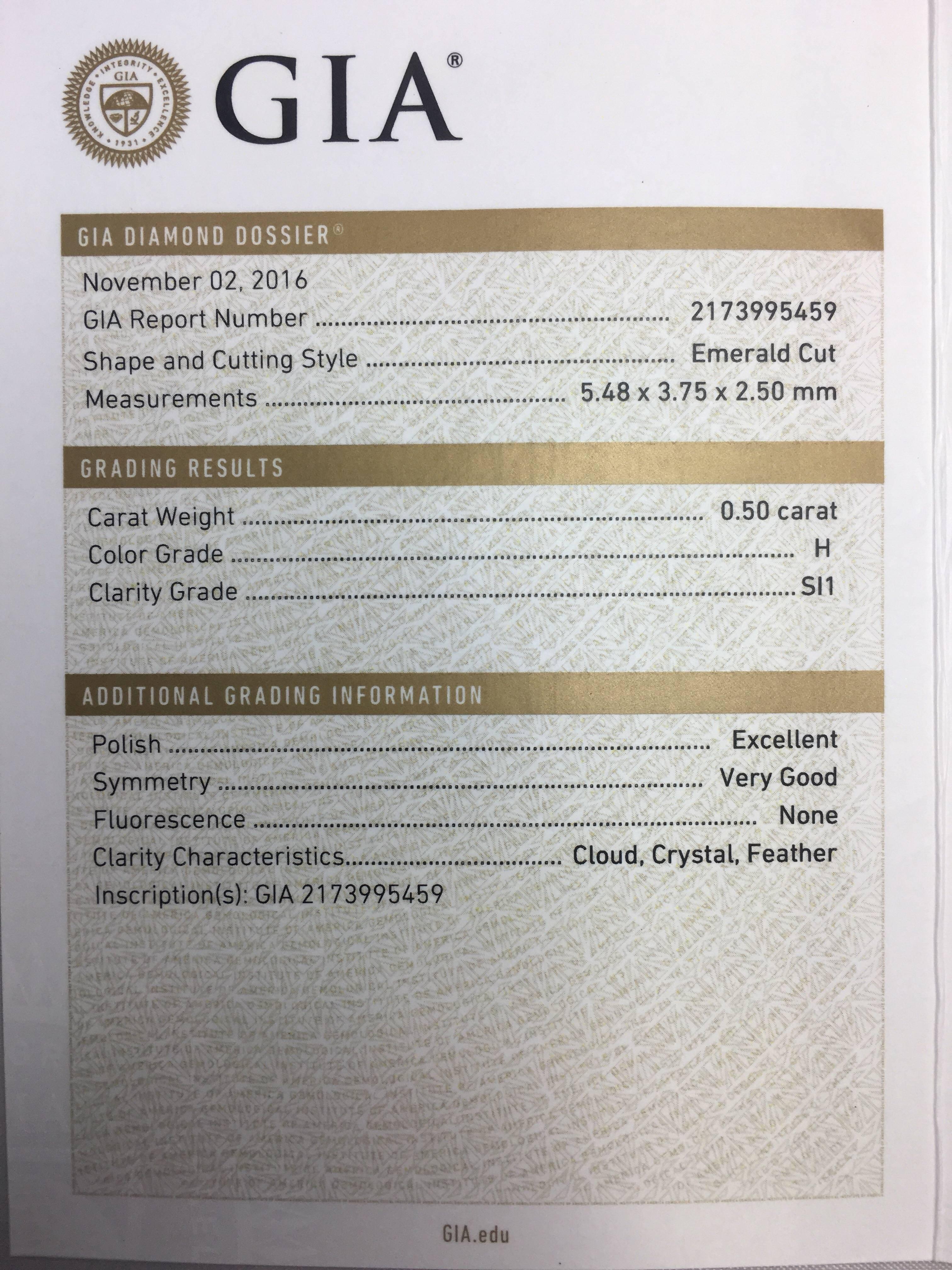 GIA Certified 0.50 Carat Emerald Cut Diamond Solitaire Platinum Ring H SI1 1