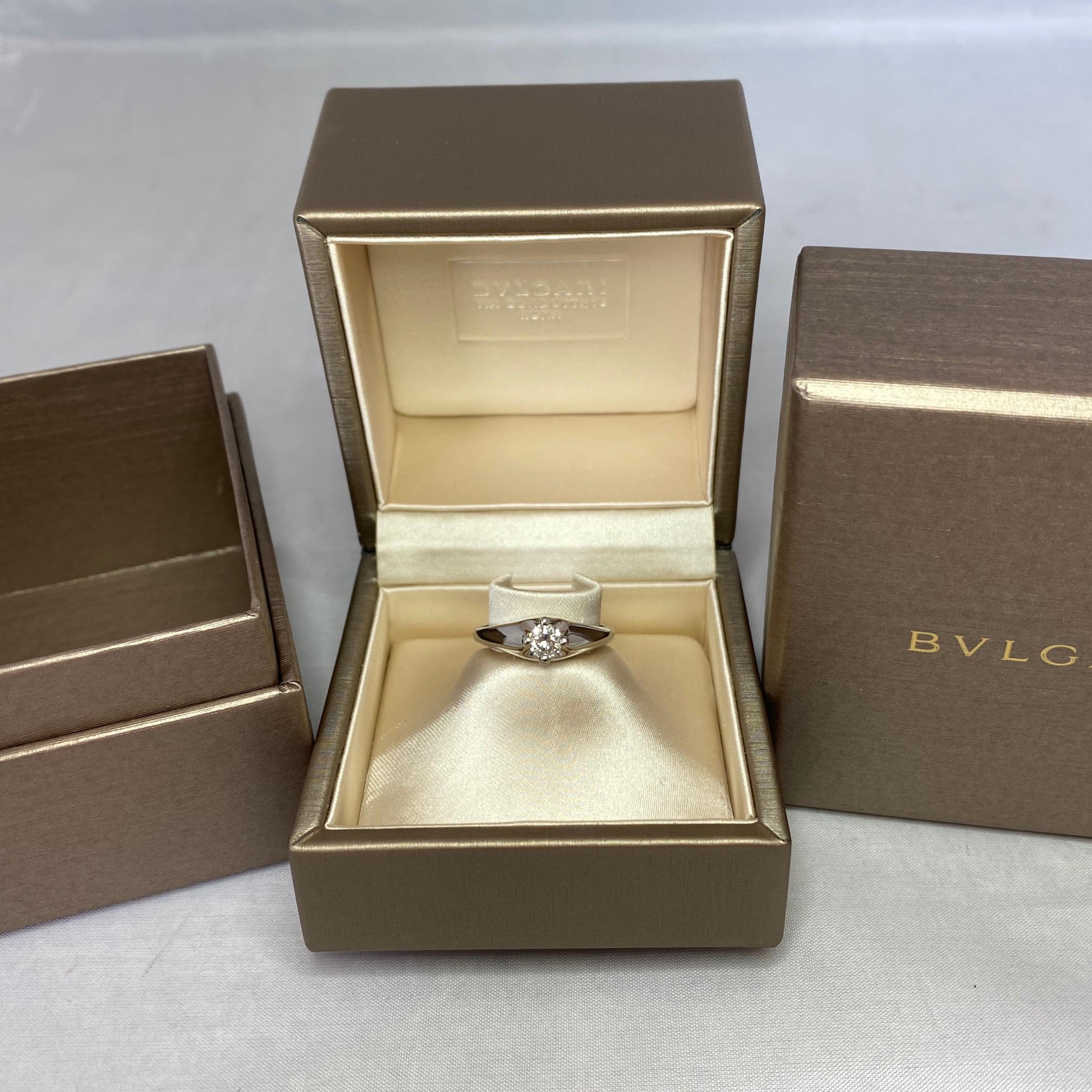 A classic Bvlgari Diamond Solitaire Ring in Platinum, set with a 0.33ct D/VVS1 Round Brilliant Cut Diamond. The diamond an excellent quality cut and polish with lots of sparkle and light return. Measures 4.4mm.

Jewellery houses like Bvlgari only