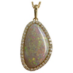 Used 20 Carat Australian Coober Pedy Opal & Diamond 18k Yellow Gold Pendant Necklace