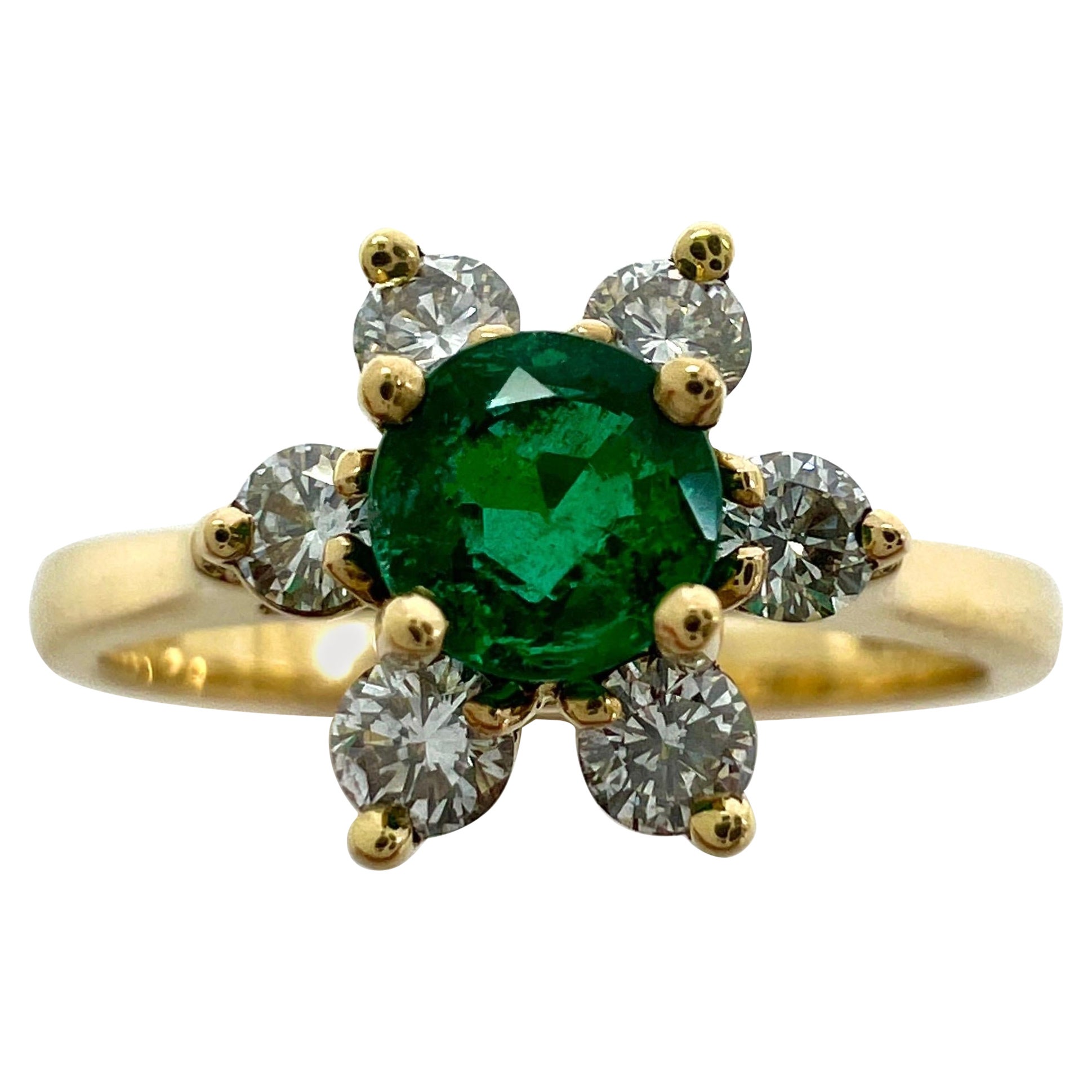 Vintage Tiffany & Co. Round Cut Emerald And Diamond 18k Gold Cluster Flower Ring