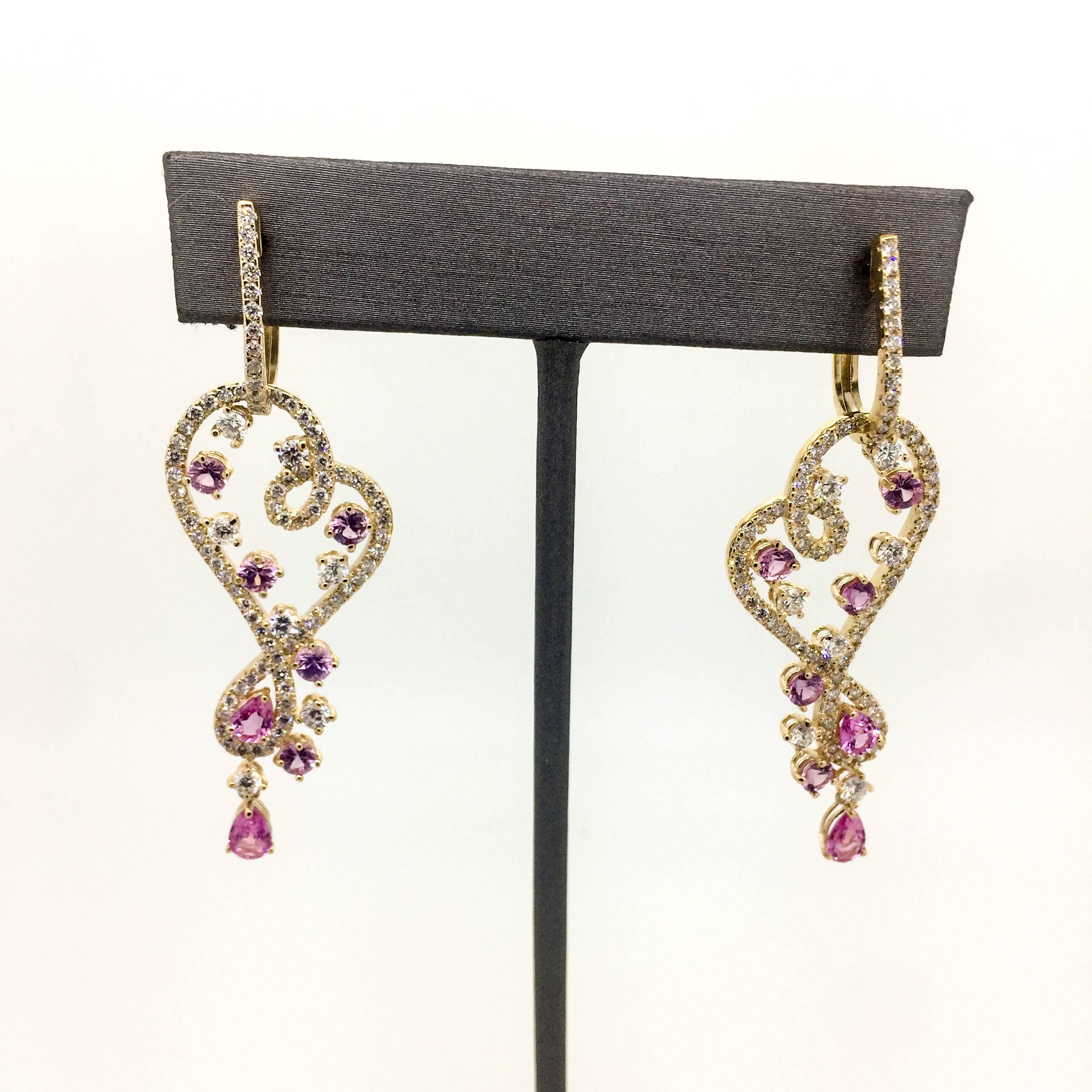 Modern 6.51 Carat Pink Sapphire Diamond Dangling Earrings