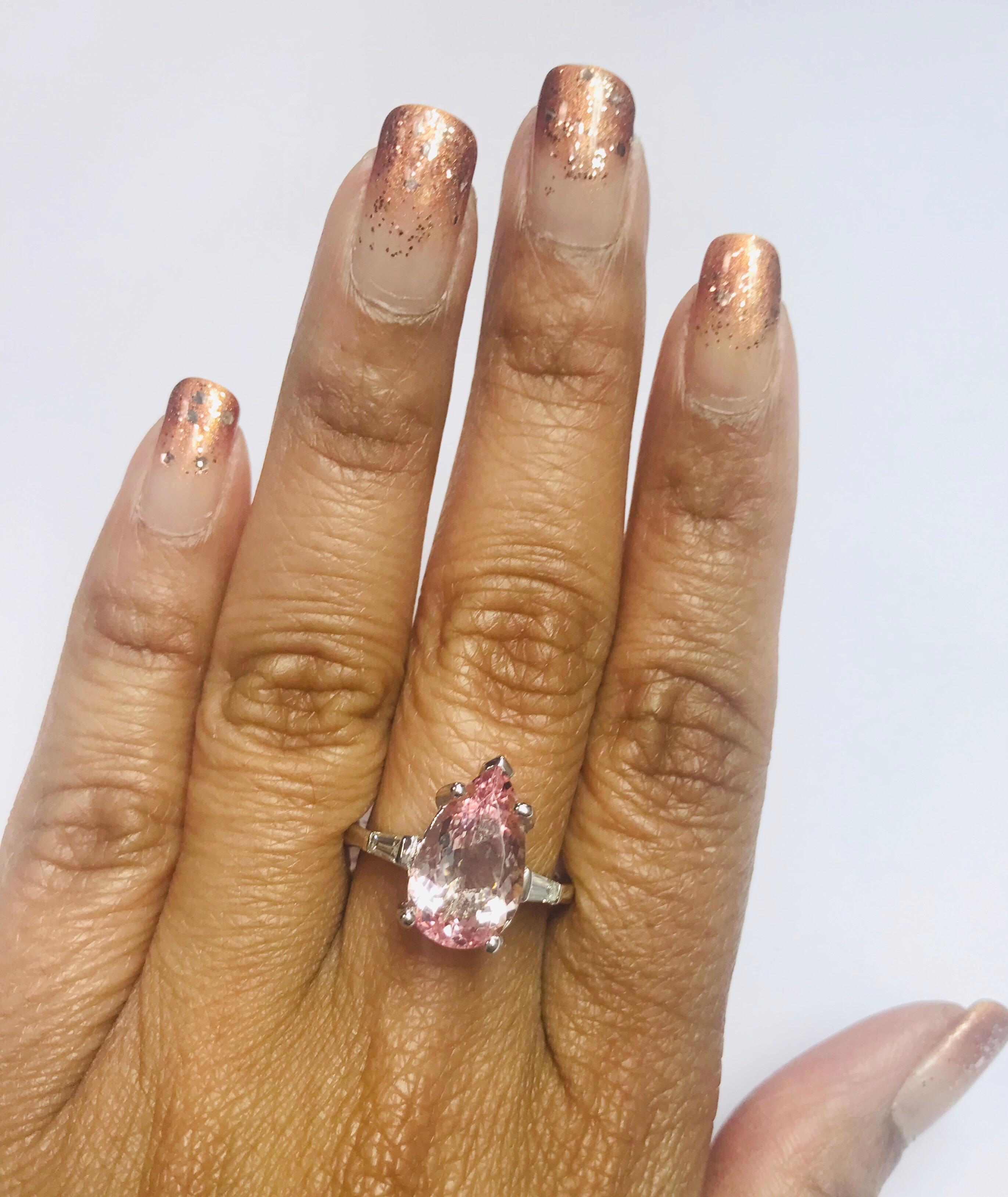 3.90 Carat Pear Cut Pink Morganite Diamond 14 Karat White Gold Engagement Ring 3