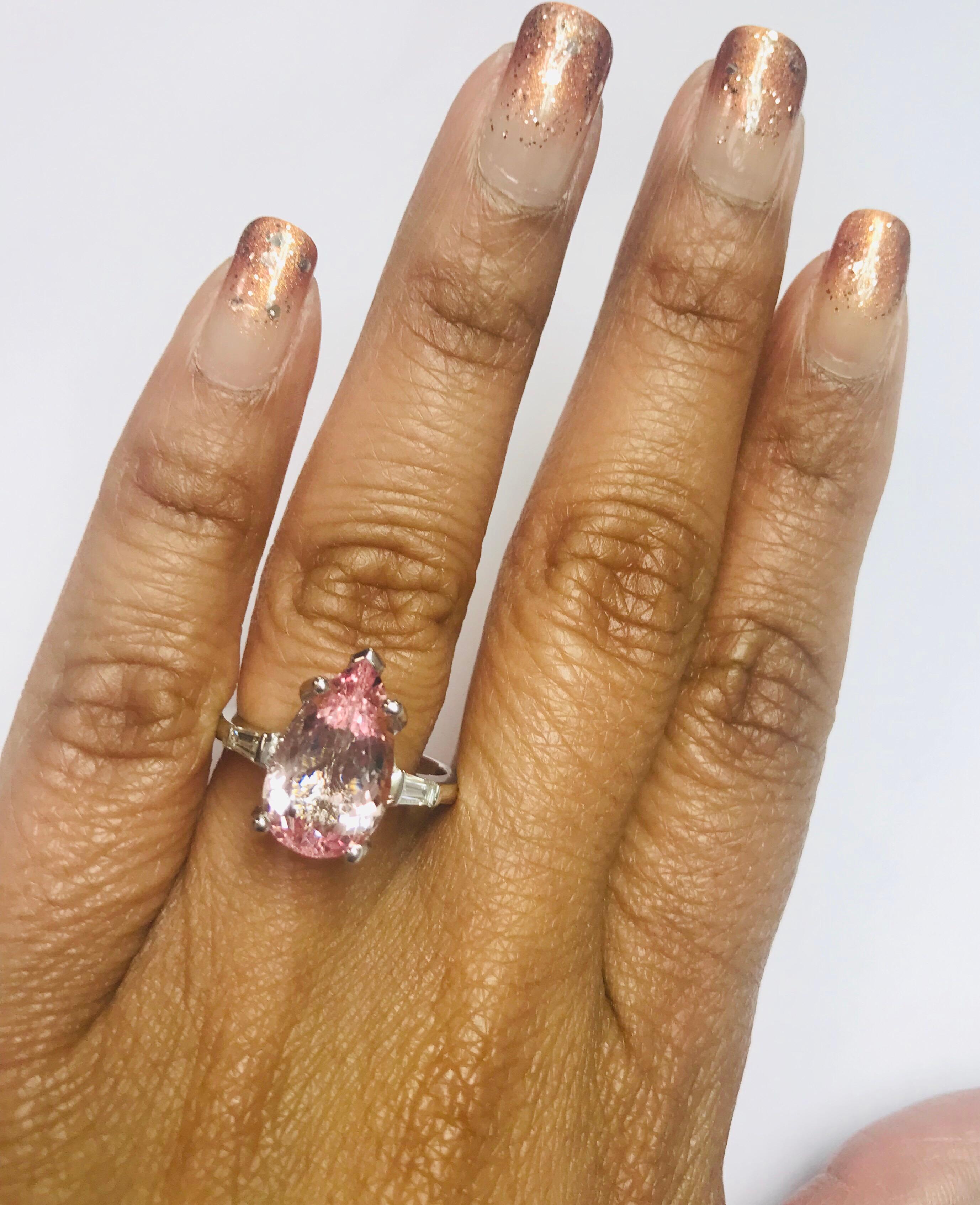 3.90 Carat Pear Cut Pink Morganite Diamond 14 Karat White Gold Engagement Ring 2