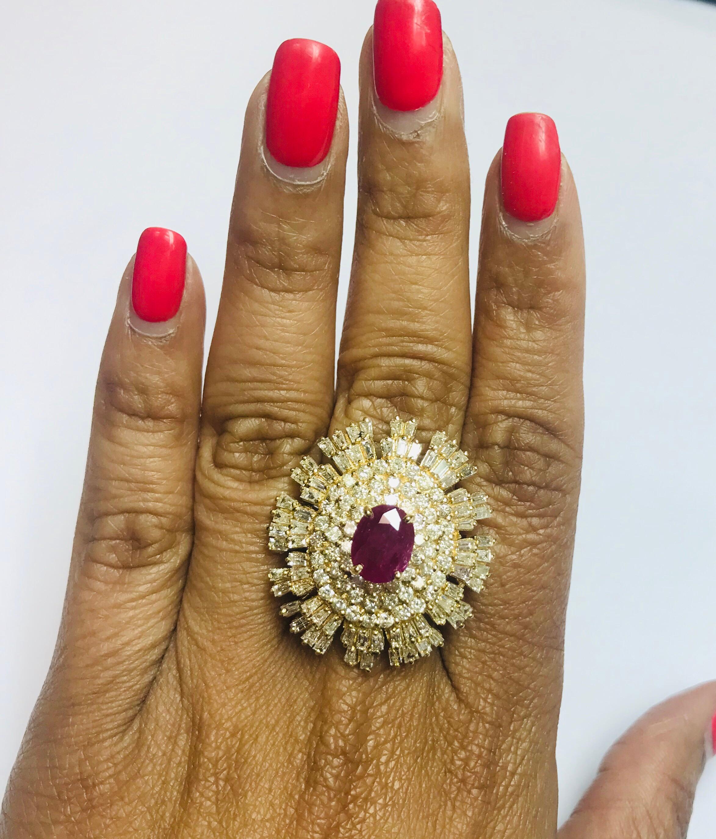 6.13 Carat Ruby Diamond Ballerina Ring In New Condition In Los Angeles, CA