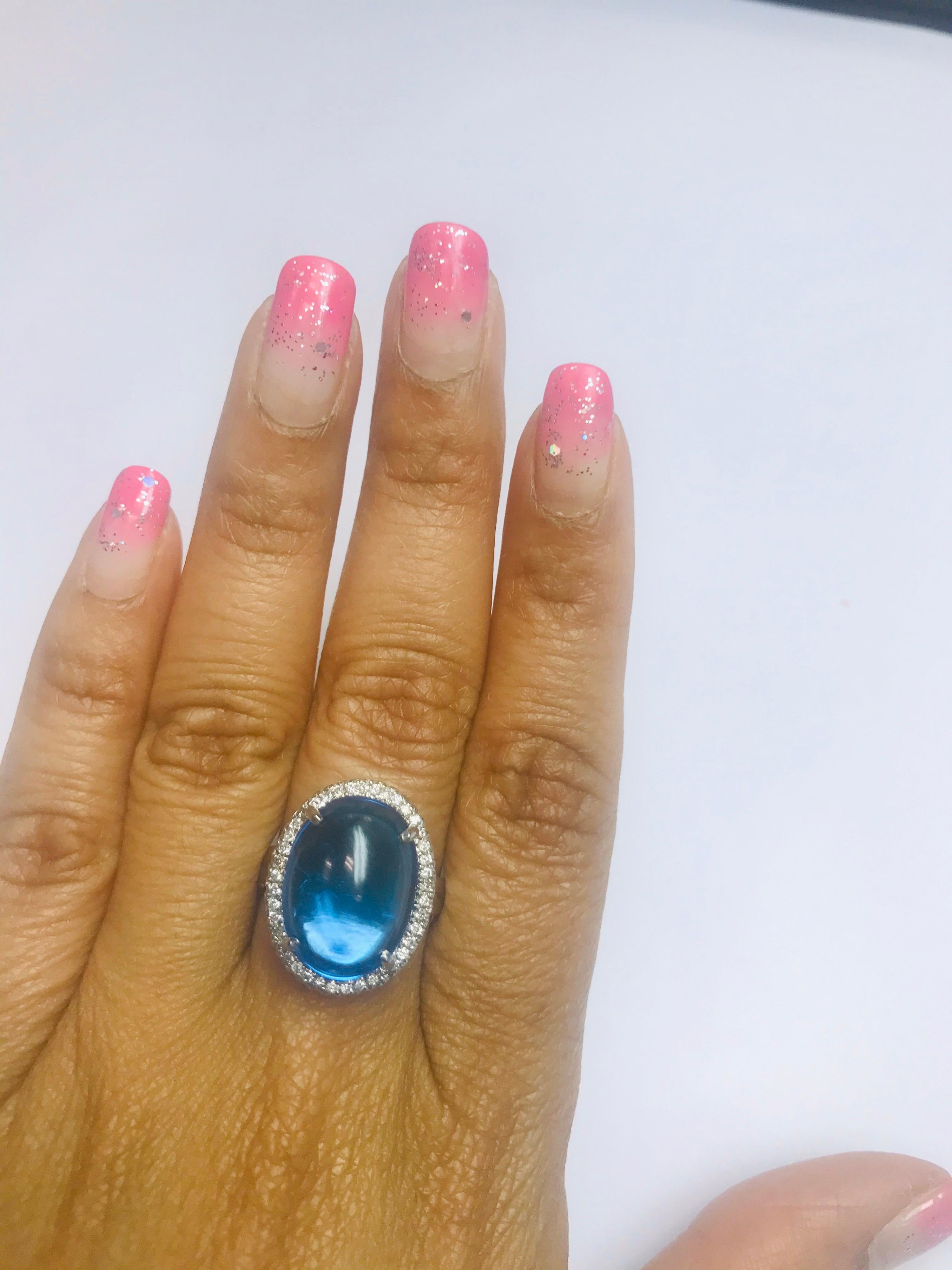 13.02 Carat Oval Cut Cabochon Blue Topaz and Diamond Ring 14 Karat White Gold In New Condition In Los Angeles, CA