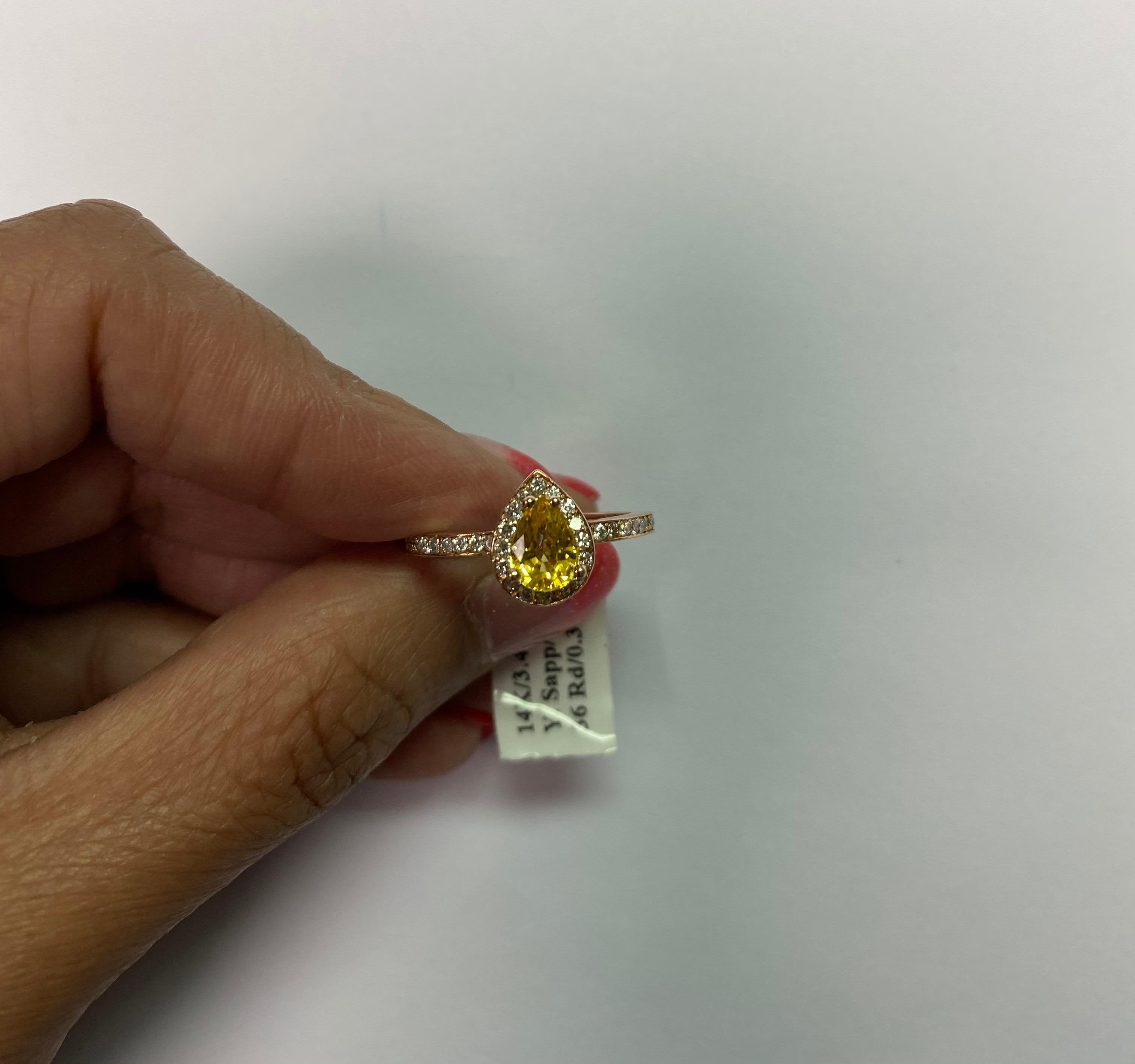 Contemporary 1.24 Carat Pear Cut Yellow Sapphire Diamond 14 Karat Rose Gold Engagement Ring For Sale