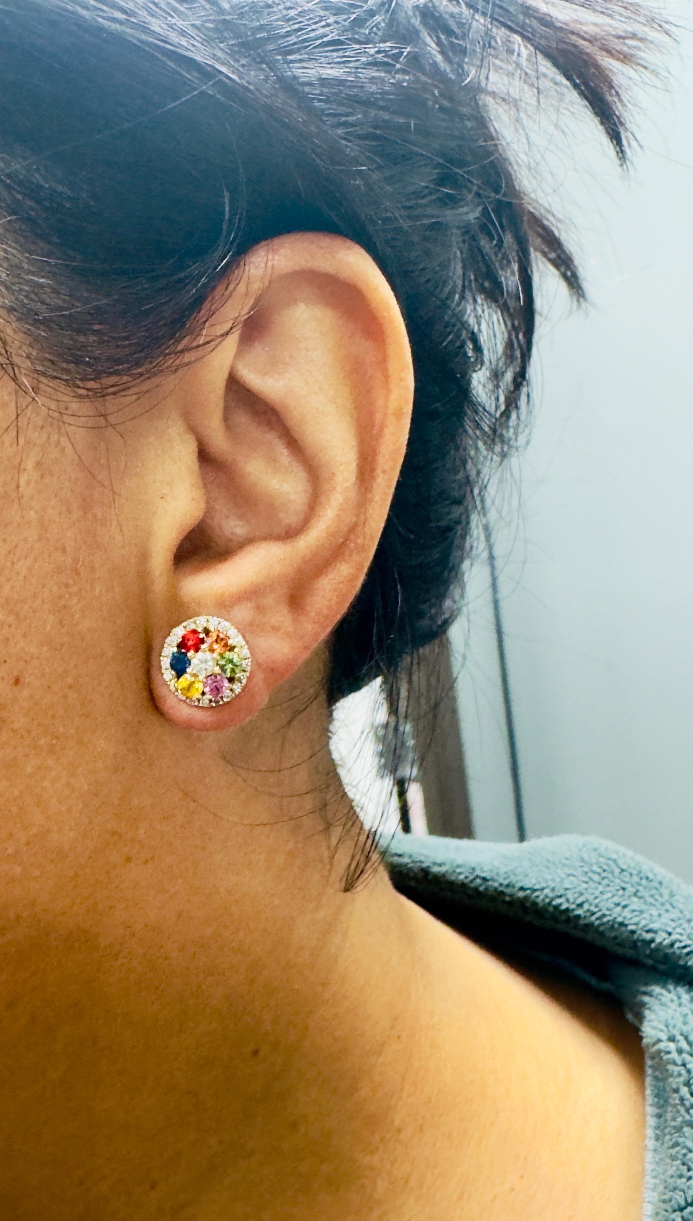 Women's 2.49 Carat Multicolor Sapphire Diamond 14 Karat Yellow Gold Earrings For Sale