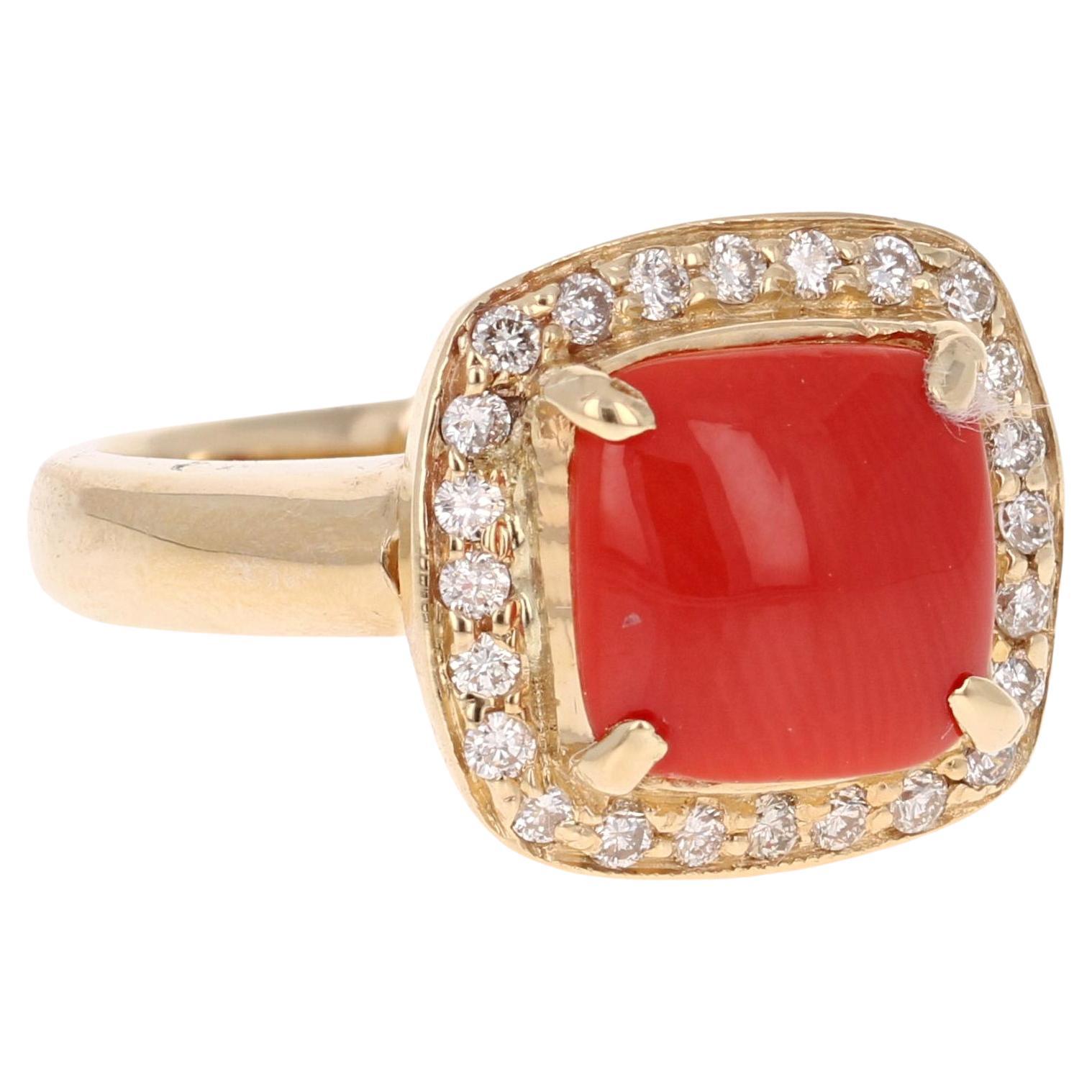 Coral Diamond Yellow Gold Halo Ring For Sale