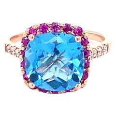 4.51 Carat Diamond Sapphire Blue Topaz Rose Gold Cocktail Ring