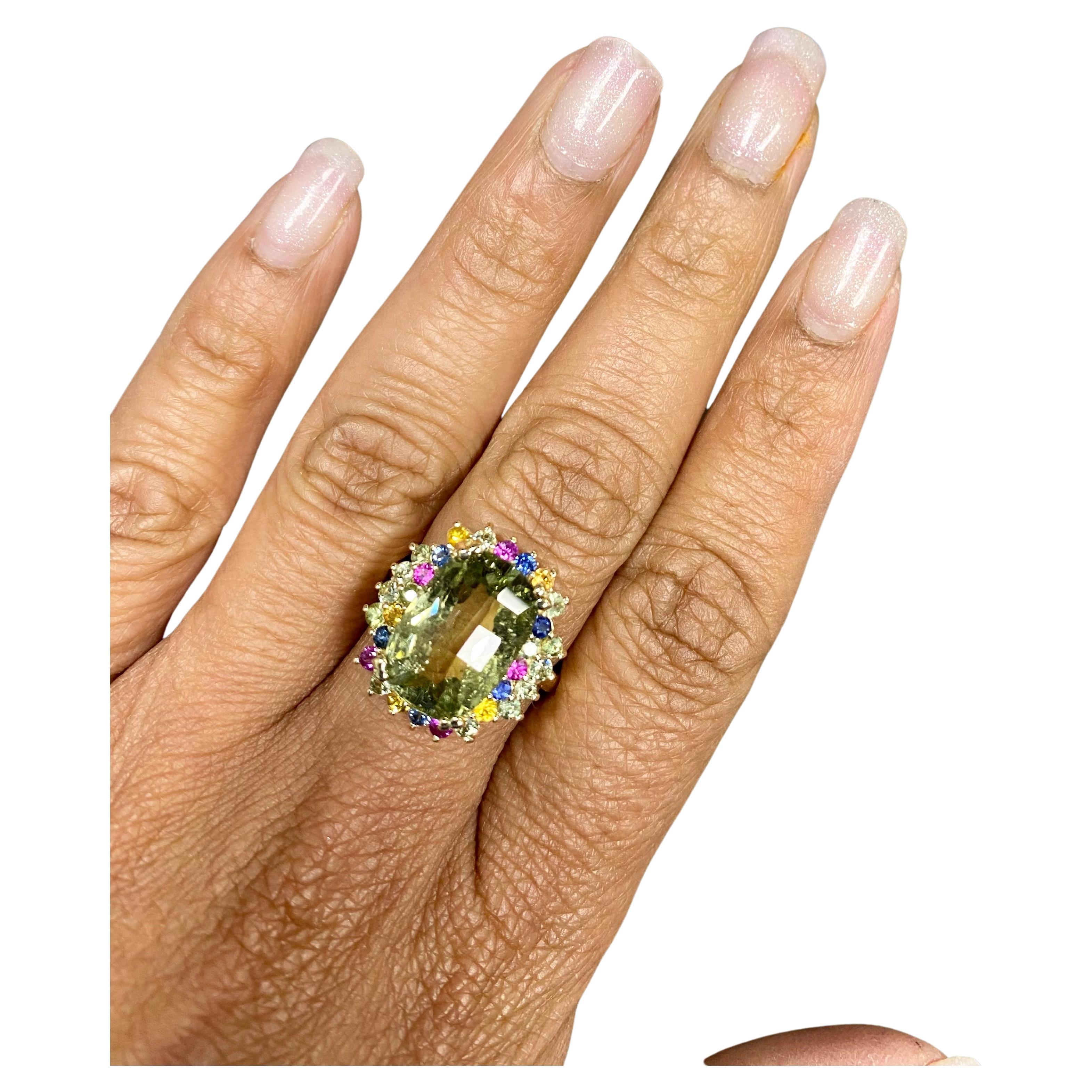 7.42 Carat Tourmaline Multi-Sapphire Yellow Gold Cocktail Ring For Sale