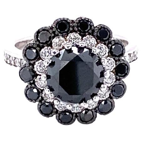 3.83 Carat Black and White Diamond White Gold Engagement Ring