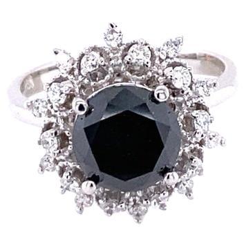 3.06 Carat Round Cut Black Diamond White Gold Cocktail Ring For Sale