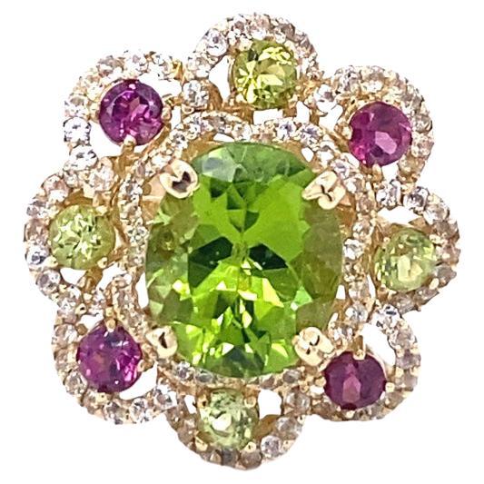 6.20 Carat Peridot Garnet White Sapphire Yellow Gold Cocktail Ring