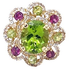 6.20 Carat Peridot Garnet White Sapphire Yellow Gold Cocktail Ring