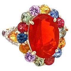 6.24 Carat Natural Fire Opal Sapphire Diamond Yellow Gold Cocktail Ring