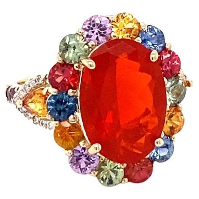 6.24 Carat Natural Fire Opal Sapphire Diamond Yellow Gold Cocktail Ring For Sale