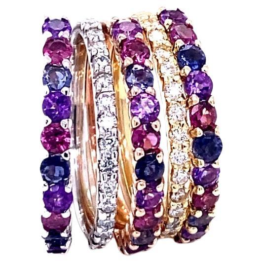 2.74 Carat Gemstone and Diamond Gold Stackable Bands For Sale