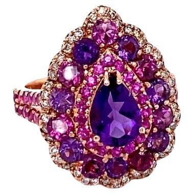3.57 Carat Amethyst Pink Sapphire Diamond Rose Gold Cocktail Ring For Sale