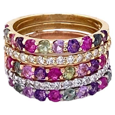 3.06 Carat Multi Color Sapphire and Diamond Stackable Gold Bands