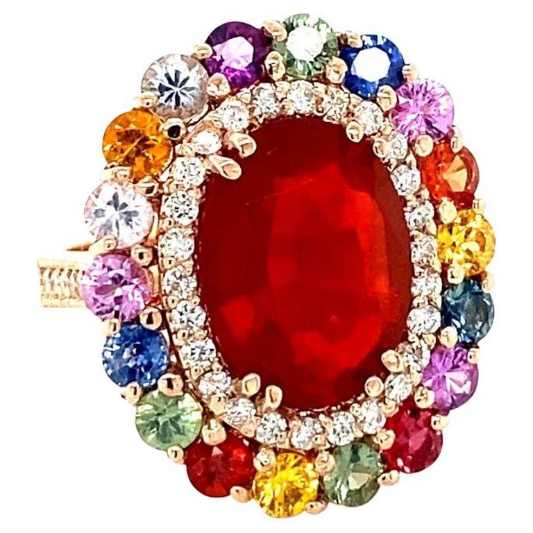 7.19 Carat Natural Fire Opal Sapphire and Diamond Rose Gold Cocktail Ring For Sale