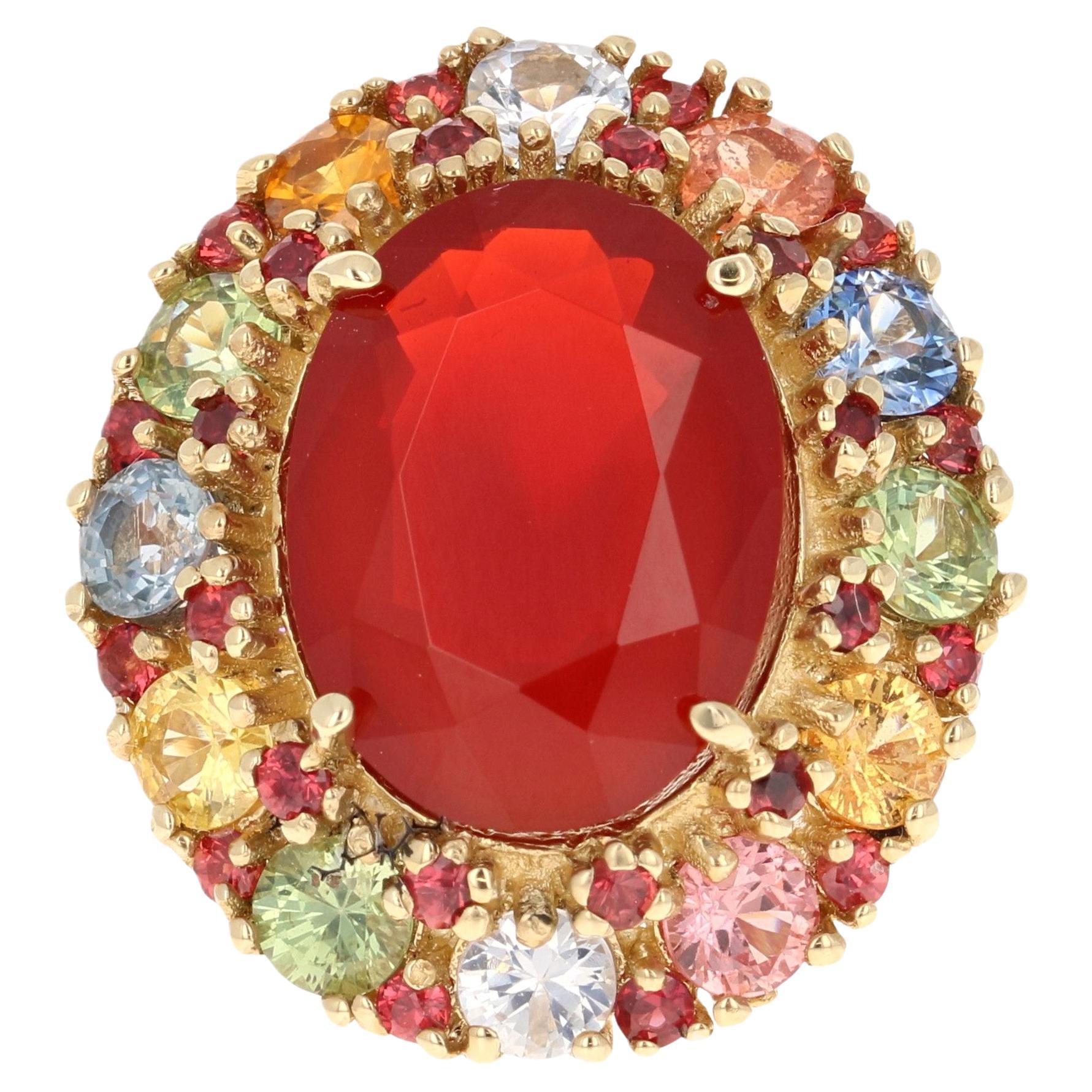 9.61 Carat Natural Fire Opal Multi Color Sapphire Yellow Gold Ring