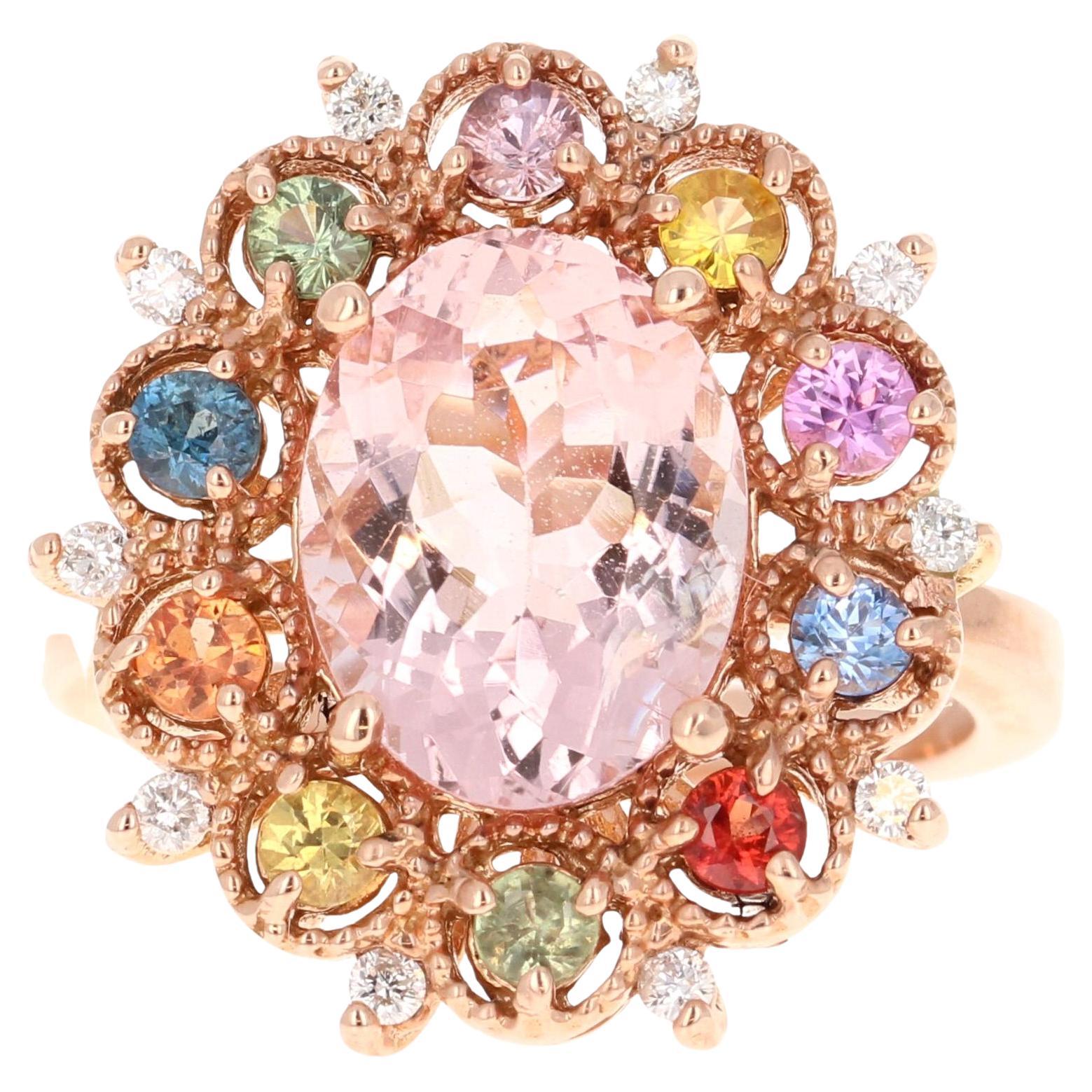 4.37 Carat Morganite Diamond Multicolor Sapphire Rose Gold Cocktail Ring