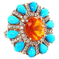 6.72 Carat Natural Fire Opal Turquoise Diamond Rose Gold Cocktail Ring