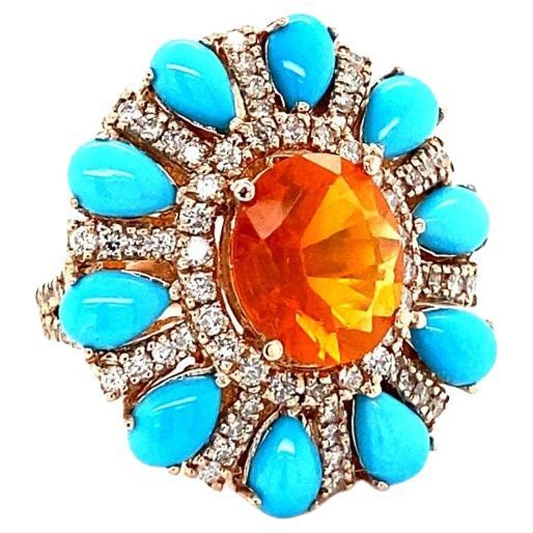 6.72 Carat Natural Fire Opal Turquoise Diamond Rose Gold Cocktail Ring For Sale