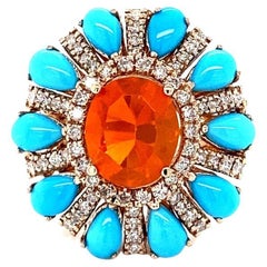 Retro 6.72 Carat Natural Fire Opal Turquoise and Diamond Rose Gold Cocktail Ring