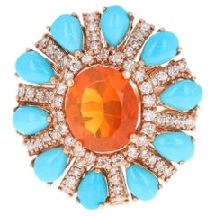 6.72 Carat Natural Fire Opal Turquoise and Diamond Rose Gold Cocktail Ring