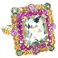 8.00 Carat Green Amethyst Multi-Color Sapphires Yellow Gold Cocktail Ring