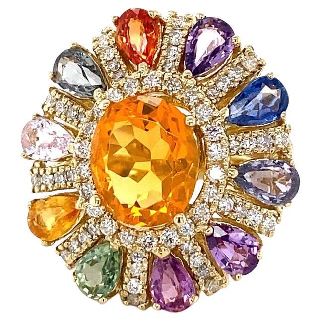 7.98 Carat Natural Fire Opal Sapphire and Diamond Yellow Gold Cocktail ...