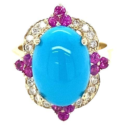 5.63 Carat Turquoise Diamond Pink Sapphire Yellow Gold Cocktail Ring For Sale