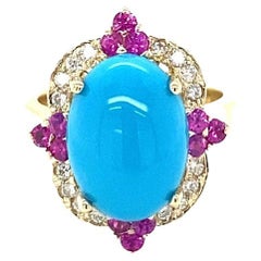 Vintage 5.63 Carat Turquoise Diamond Pink Sapphire Yellow Gold Cocktail Ring