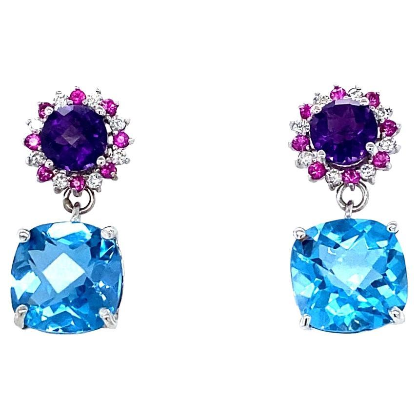 10.87 Carat Natural Amethyst Topaz Sapphire White Gold Drop Earrings For Sale