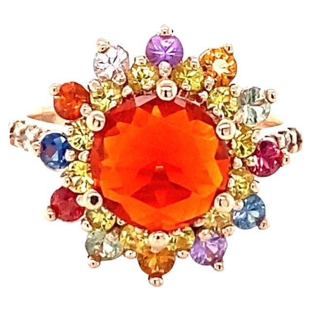 2.62 Carat Natural Fire Opal Sapphire Diamond Rose Gold Cocktail Ring For Sale