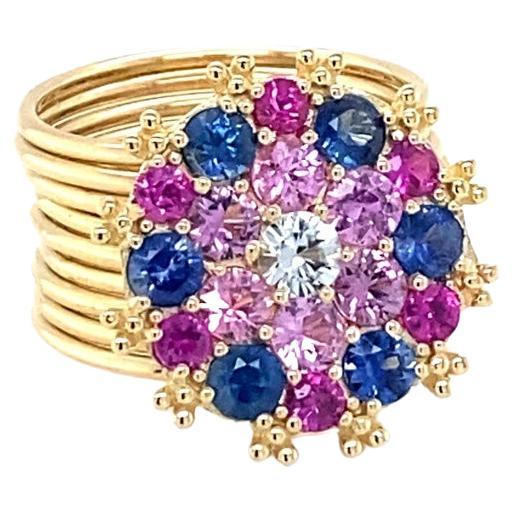 3.00 Carat Natural Multi Color Sapphire Diamond Yellow Gold Cocktail Ring For Sale