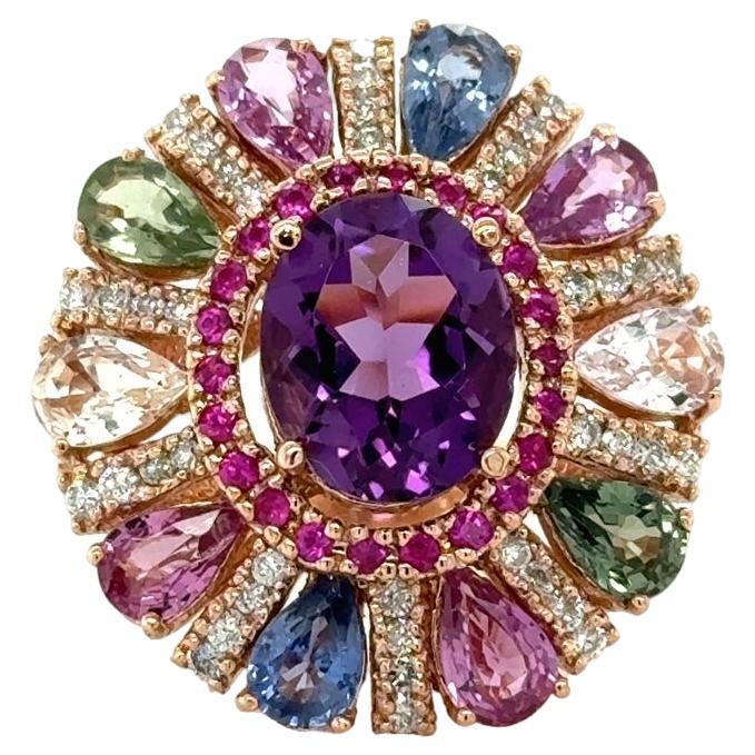 7.87 Carat Natural Amethyst Sapphire and Diamond Rose Gold Cocktail Ring For Sale