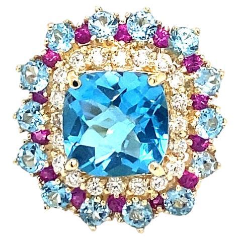 Bague de cocktail en or jaune, topaze bleue, saphir et diamant, 6,41 carats, taille coussin