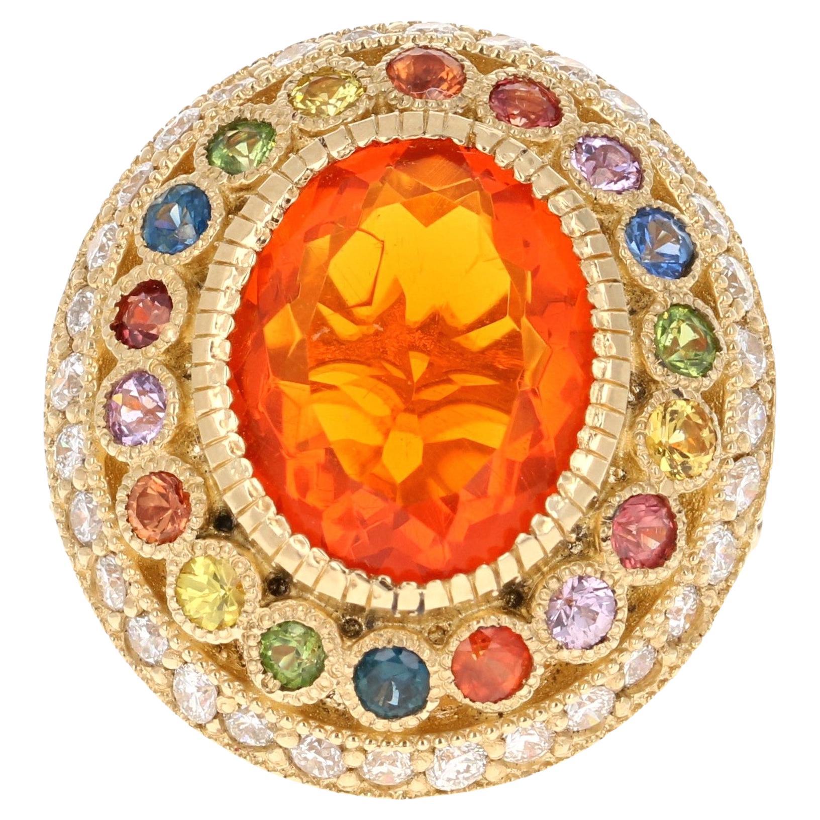 Natural Fire Opal Sapphire and Diamond Yellow Gold Cocktail Ring