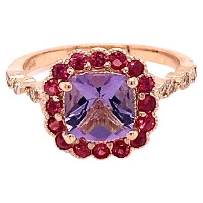 1.86 Carat Cushion Cut Amethyst Diamond Sapphire Rose Gold Ring For Sale