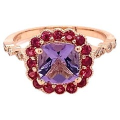 1.86 Carat Cushion Cut Amethyst Diamond Sapphire Rose Gold Ring