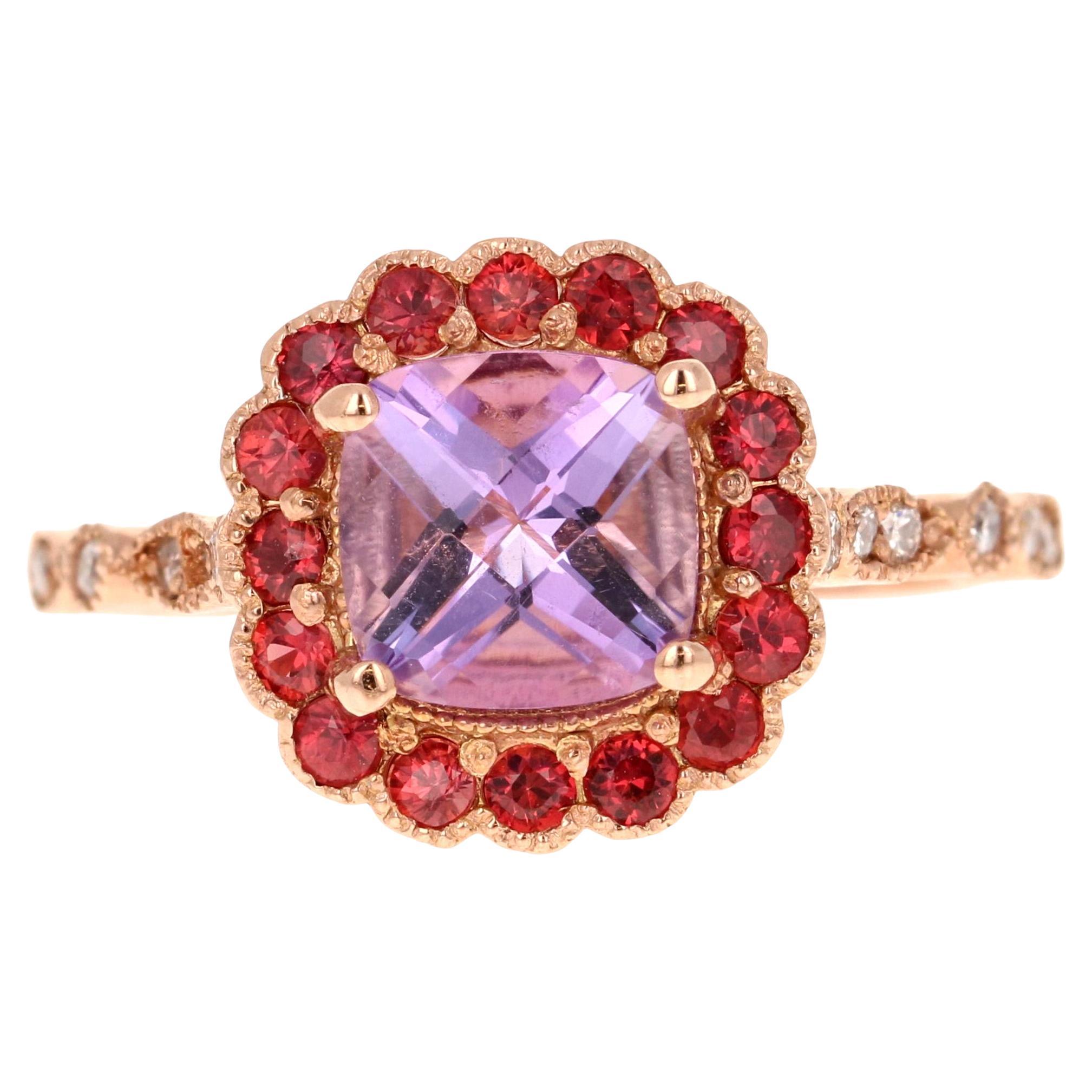 1.86 Carat Cushion Cut Amethyst Diamond Sapphire Rose Gold Ring